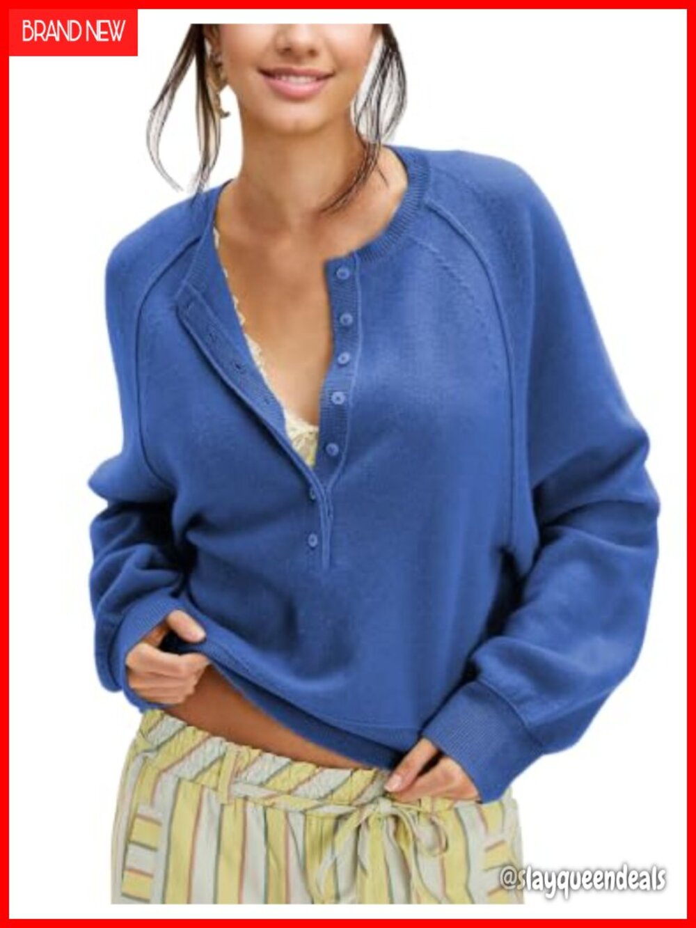 Womens Half Button Henley Neck Knit Pullover Sweater Long Sleeve